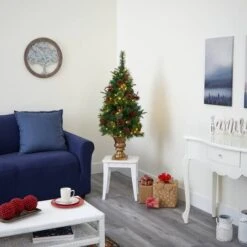 4ft. Pre-Lit Pine Artificial Potted Christmas Tree With Pinecone & Berries, Clear LED Lights -Holiday Glow D251290S 8