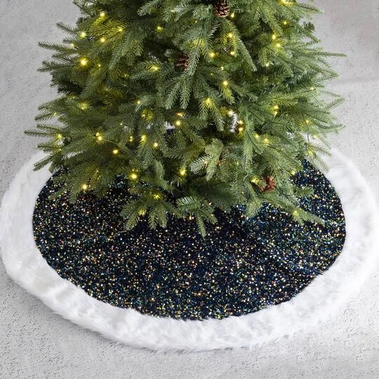 Glitzhome® 48" Navy Blue Sequin Christmas Tree Skirt 5 Glitzhome® 48" Navy Blue Sequin Christmas Tree Skirt - Image 3