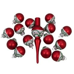 Northlight 15ct. Red Matte Frosted Tree Topper & Ball Ornaments -Holiday Glow D253708S 13