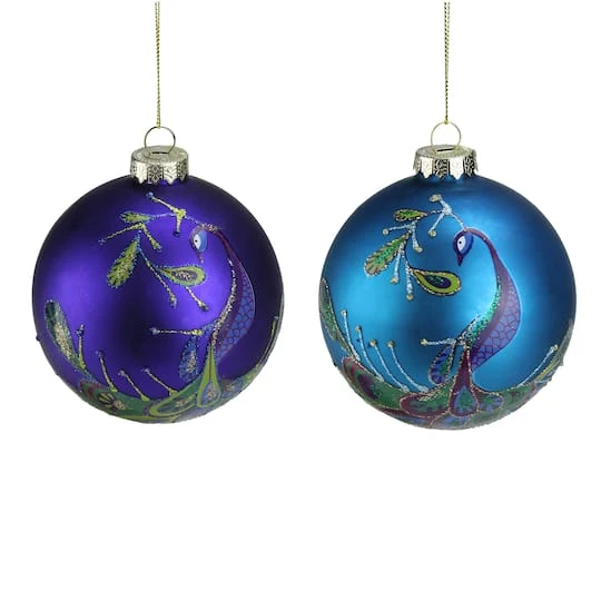 Northlight 2ct. 4" Purple & Blue 2-Finish Peacock Glass Ball Ornaments 3 Northlight 2ct. 4" Purple & Blue 2-Finish Peacock Glass Ball Ornaments