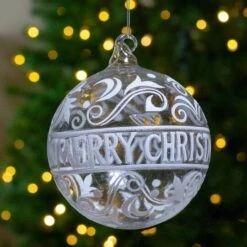 Northlight 6" Clear & White "Merry Christmas" Glass Ball Ornament 13 Northlight 6" Clear & White "Merry Christmas" Glass Ball Ornament -Holiday Glow D253808S 12