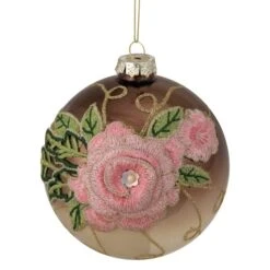 Northlight 5" 2-Finish Brown & Pink Floral Applique Glass Ball Ornament -Holiday Glow D253827S 1 1