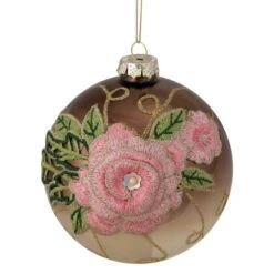 Northlight 5" 2-Finish Brown & Pink Floral Applique Glass Ball Ornament -Holiday Glow D253827S 11
