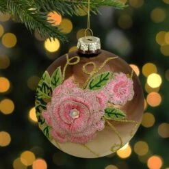 Northlight 5" 2-Finish Brown & Pink Floral Applique Glass Ball Ornament -Holiday Glow D253827S 12