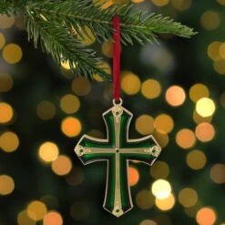 Northlight 3.5" Green & Gold Layering Effect With Crystals Cross Ornament -Holiday Glow D253850S 2