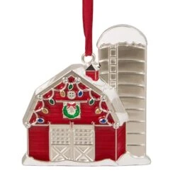 Northlight Red & White Enamel Barn House Ornament -Holiday Glow D253858S 1 1