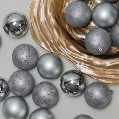 Northlight 32ct. 3.5" Pewter Gray Shatterproof 4-Finish Christmas Ball Ornaments -Holiday Glow D253872S 12