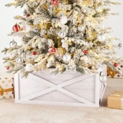 Glitzhome® 22" Washed White Wooden Tree Collar -Holiday Glow D254131S 2