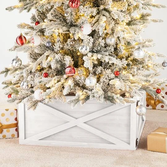 Glitzhome® 26" Washed White Wooden Tree Collar 5 Glitzhome® 26" Washed White Wooden Tree Collar - Image 3