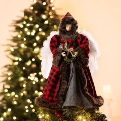 Glitzhome® 16" Red Plaid Faux Fur Angel Tree Topper -Holiday Glow D254165S 2