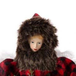 Glitzhome® 16" Red Plaid Faux Fur Angel Tree Topper -Holiday Glow D254165S 3