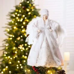 Glitzhome® 16" White Faux Fur Christmas Angel Tree Topper -Holiday Glow D254172S 2