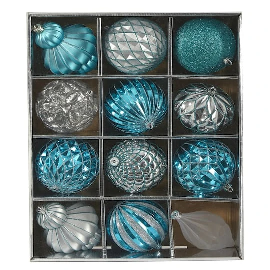 12ct. 4" Blue & Silver Shatterproof Luxe Ornament Set 3 12ct. 4" Blue & Silver Shatterproof Luxe Ornament Set