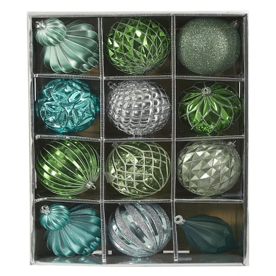 12ct. 4" Green & Silver Shatterproof Luxe Ornament Set 4 12ct. 4" Green & Silver Shatterproof Luxe Ornament Set - Image 2