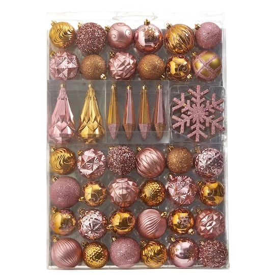 52ct. 6" Pink & Gold Shatterproof Ornament Set 4 52ct. 6" Pink & Gold Shatterproof Ornament Set - Image 2
