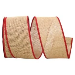 JAM Paper 2.5" X 10yd. Natural Burlap With Red Wired Edge Ribbon -Holiday Glow D341111S 1 1