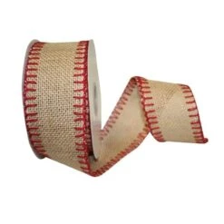 JAM Paper 2.5" X 10yd. Natural & Red Stitched Burlap Wired Ribbon -Holiday Glow D341113S 1 1