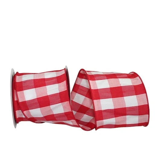 Reliant 4" X 10yd. Red & White Dupioni Buffalo Plaid Wired Ribbon 4 Reliant 4" X 10yd. Red & White Dupioni Buffalo Plaid Wired Ribbon - Image 2