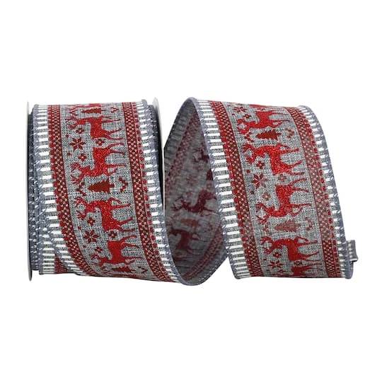 Reliant 2.5" X 10yd. Gray Deer Glitter Scene Wired Ribbon 4 Reliant 2.5" X 10yd. Gray Deer Glitter Scene Wired Ribbon - Image 2