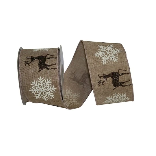 Reliant 2.5" X 10yd. Reindeer Linen Flake Wired Ribbon 4 Reliant 2.5" X 10yd. Reindeer Linen Flake Wired Ribbon - Image 2
