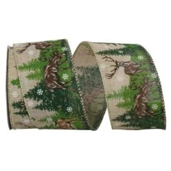 Reliant 2.5" X 10yd. Deer Forest Scene Linen Wired Ribbon 5 Reliant 2.5" X 10yd. Deer Forest Scene Linen Wired Ribbon -Holiday Glow D376851S 1 1