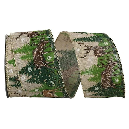 Reliant 2.5" X 10yd. Deer Forest Scene Linen Wired Ribbon 4 Reliant 2.5" X 10yd. Deer Forest Scene Linen Wired Ribbon - Image 2