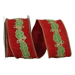 Reliant 2.5" X 5yd. Holly Leaf Jewel Embroidered Dupioni Wired Ribbon