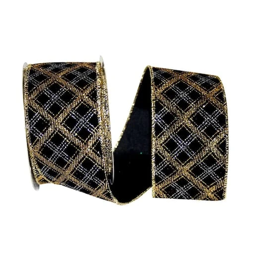 JAM Paper 2.5" X 10yd. Christmas Diamonds Velvet Glitter Lattice Wired Ribbon 4 JAM Paper 2.5" X 10yd. Christmas Diamonds Velvet Glitter Lattice Wired Ribbon - Image 2