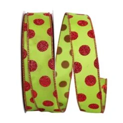 JAM Paper 1.5" X 50yd. Glitter Wired Lime & Red Dots Ribbon