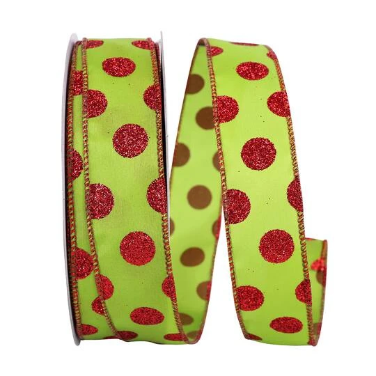 JAM Paper 1.5" X 50yd. Glitter Wired Lime & Red Dots Ribbon 3 JAM Paper 1.5" X 50yd. Glitter Wired Lime & Red Dots Ribbon