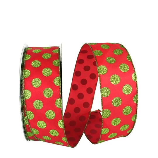 JAM Paper 2.5" X 50yd. Glitter Wired Red & Lime Dots Ribbon 4 JAM Paper 2.5" X 50yd. Glitter Wired Red & Lime Dots Ribbon - Image 2