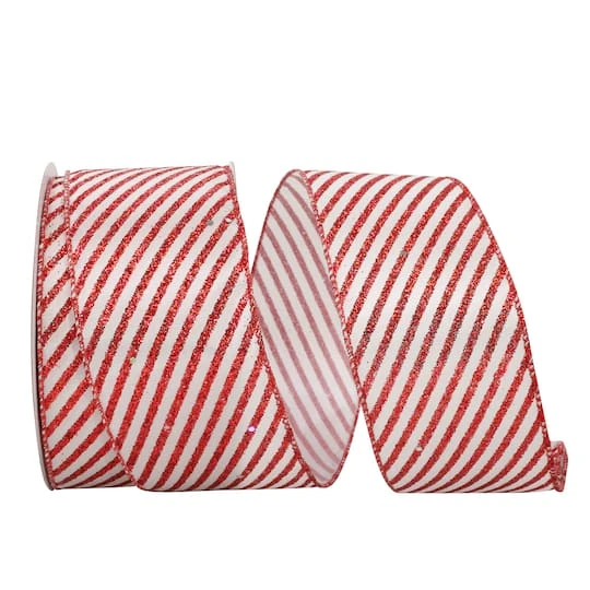JAM Paper 2.5" X 20yd. Wired Candy Cane Glitter Diagonal Stripe Ribbon 4 JAM Paper 2.5" X 20yd. Wired Candy Cane Glitter Diagonal Stripe Ribbon - Image 2