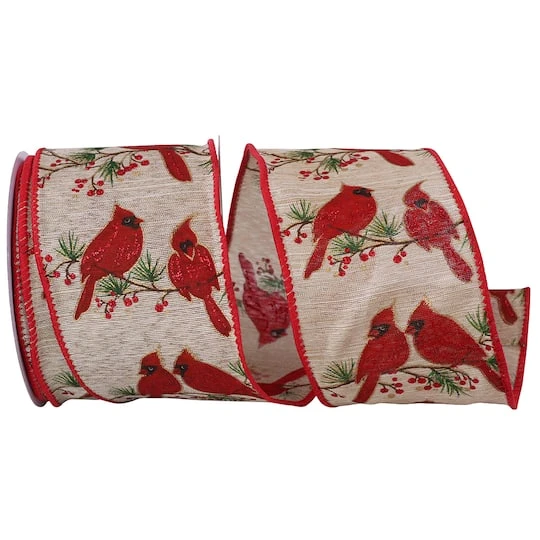 JAM Paper 2.5" X 10yd. Red Cardinals Wood Grain Natural Wired Ribbon 3 JAM Paper 2.5" X 10yd. Red Cardinals Wood Grain Natural Wired Ribbon