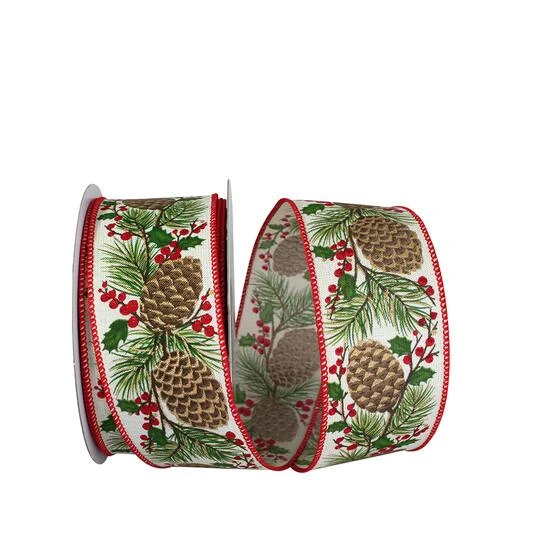 JAM Paper 2.5" X 20yd. X 20yd. Ivory Pinecone Berry Sprig Linen Wired Ribbon 4 JAM Paper 2.5" X 20yd. X 20yd. Ivory Pinecone Berry Sprig Linen Wired Ribbon - Image 2