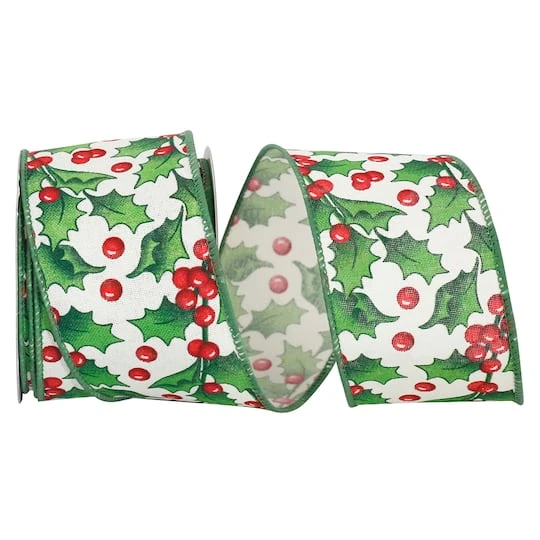 JAM Paper 2.5" X 10yd. White Holly Berry Simplicity Linen Wired Ribbon 4 JAM Paper 2.5" X 10yd. White Holly Berry Simplicity Linen Wired Ribbon - Image 2
