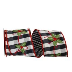 JAM Paper 4" X 5yd. Black & White Holly Embroidery Gingham Check Wired Ribbon 5 JAM Paper 4" X 5yd. Black & White Holly Embroidery Gingham Check Wired Ribbon -Holiday Glow D376979S 1 1