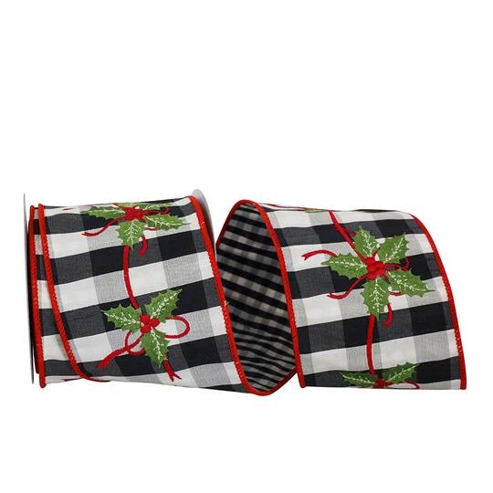 JAM Paper 4" X 5yd. Black & White Holly Embroidery Gingham Check Wired Ribbon 3 JAM Paper 4" X 5yd. Black & White Holly Embroidery Gingham Check Wired Ribbon