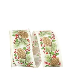 JAM Paper 2.5" X 20yd. Ivory Pinecone Holly Berries Linen Wired Ribbon