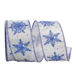 Reliant 2.5" X 20yd. Blue & Silver Glitter Snowflakes Glimmer Wired Ribbon -Holiday Glow D377033S 1 1