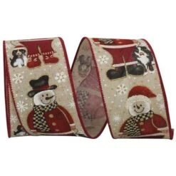 JAM Paper 2.5" X 10yd. Snowman Santa & Dog Linen Wired Ribbon