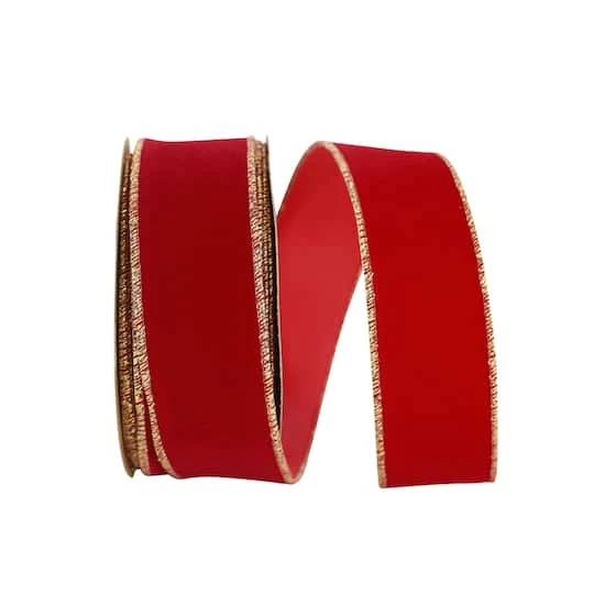 The Ribbon Roll 1.375" X 10yd. Velvet Wired Ribbon Red/Gold 3 The Ribbon Roll 1.375" X 10yd. Velvet Wired Ribbon Red/Gold