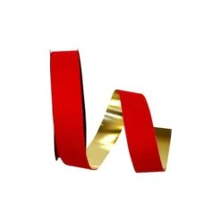 JAM Paper 1.375" X 25yd. Velvet Gold Back Ribbon Medium Red -Holiday Glow D378169S 1 1