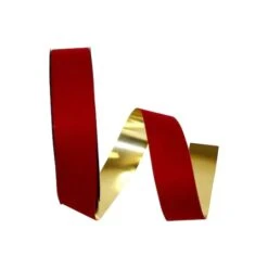 JAM Paper 1.375" X 25yd. Velvet Gold Back Ribbon Holiday Red -Holiday Glow D378170S 1 1