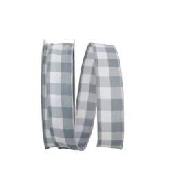 JAM Paper 1.5" X 50yd. Wired Celine Plaid Ribbon Gray -Holiday Glow D378762S 1 1