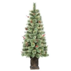 4.5ft. Pre-Lit Natural Pine Artificial Christmas Tree In Decorative Planter, Clear Lights