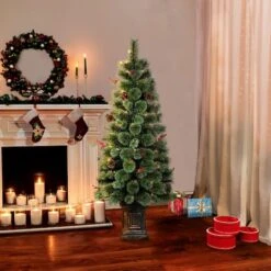 4.5ft. Pre-Lit Natural Pine Artificial Christmas Tree In Decorative Planter, Clear Lights -Holiday Glow D393462S 4