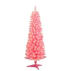 4.5ft. Pre-Lit Flocked Fashion Pink Pencil Artificial Christmas Tree, Clear Lights