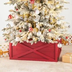 Glitzhome® 22" Wooden Tree Collar Red -Holiday Glow D479545S 2