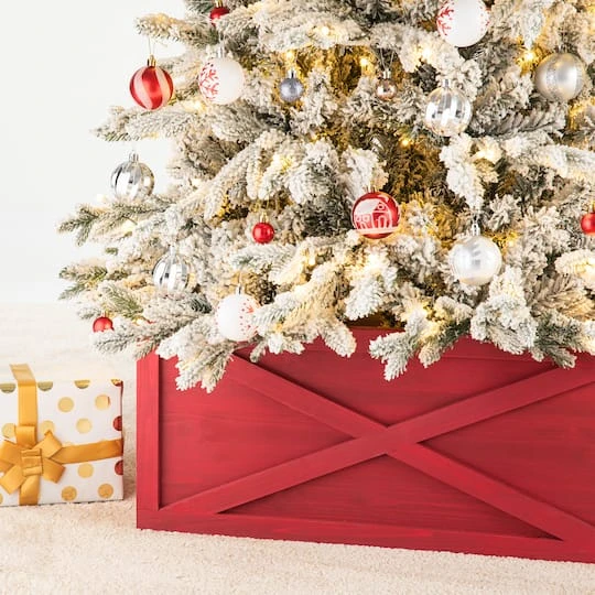 Glitzhome® 26" Red Wooden Tree Collar 6 Glitzhome® 26" Red Wooden Tree Collar - Image 4