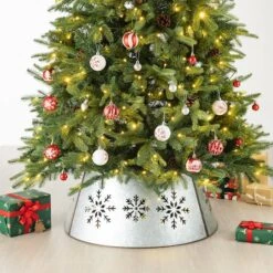 Glitzhome® Silver 26" LED Snowflake Cutout Metal Tree Collar 13 Glitzhome® Silver 26" LED Snowflake Cutout Metal Tree Collar -Holiday Glow D479547S 2
